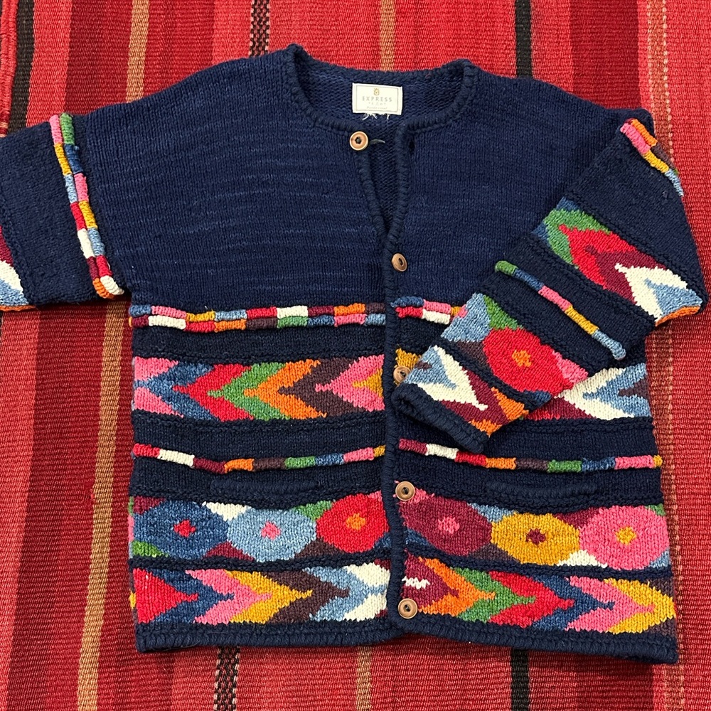 Vintage Express Tricot Handknitted Bolivian Wool Cardigan Navy Floral Boho